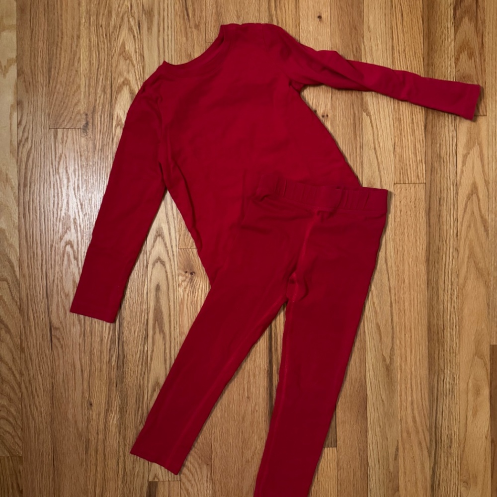 Primary Red Long-Sleeve Tee and Leggings, kids 6/7 top and 6 pants, Cherry, EUC